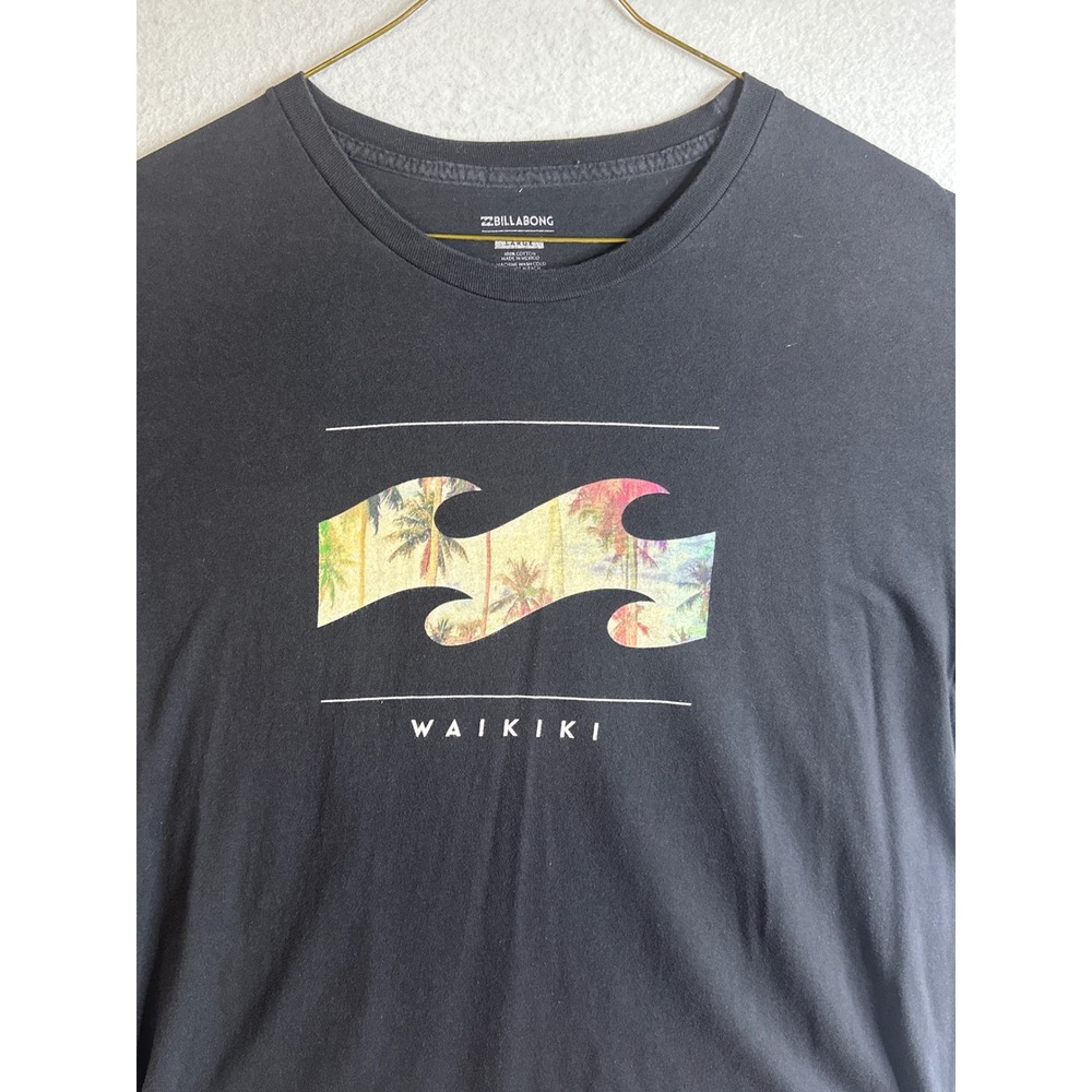 Billabong Mens Large Black Waikiki Palm Tree Wave Graphic T Shirt